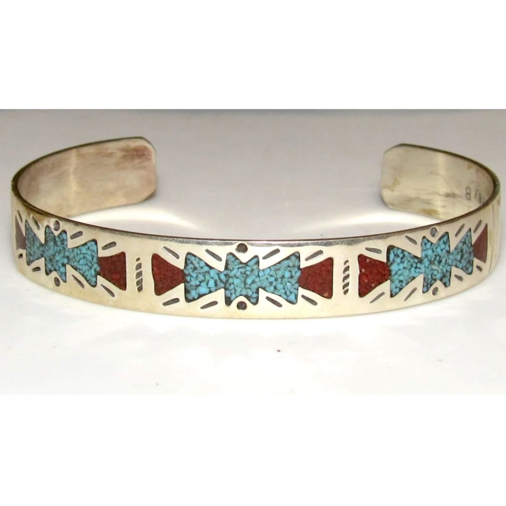 Navajo Turquoise Coral Inlay Stacker Cuff Bracelet Sterling Silver R Begay